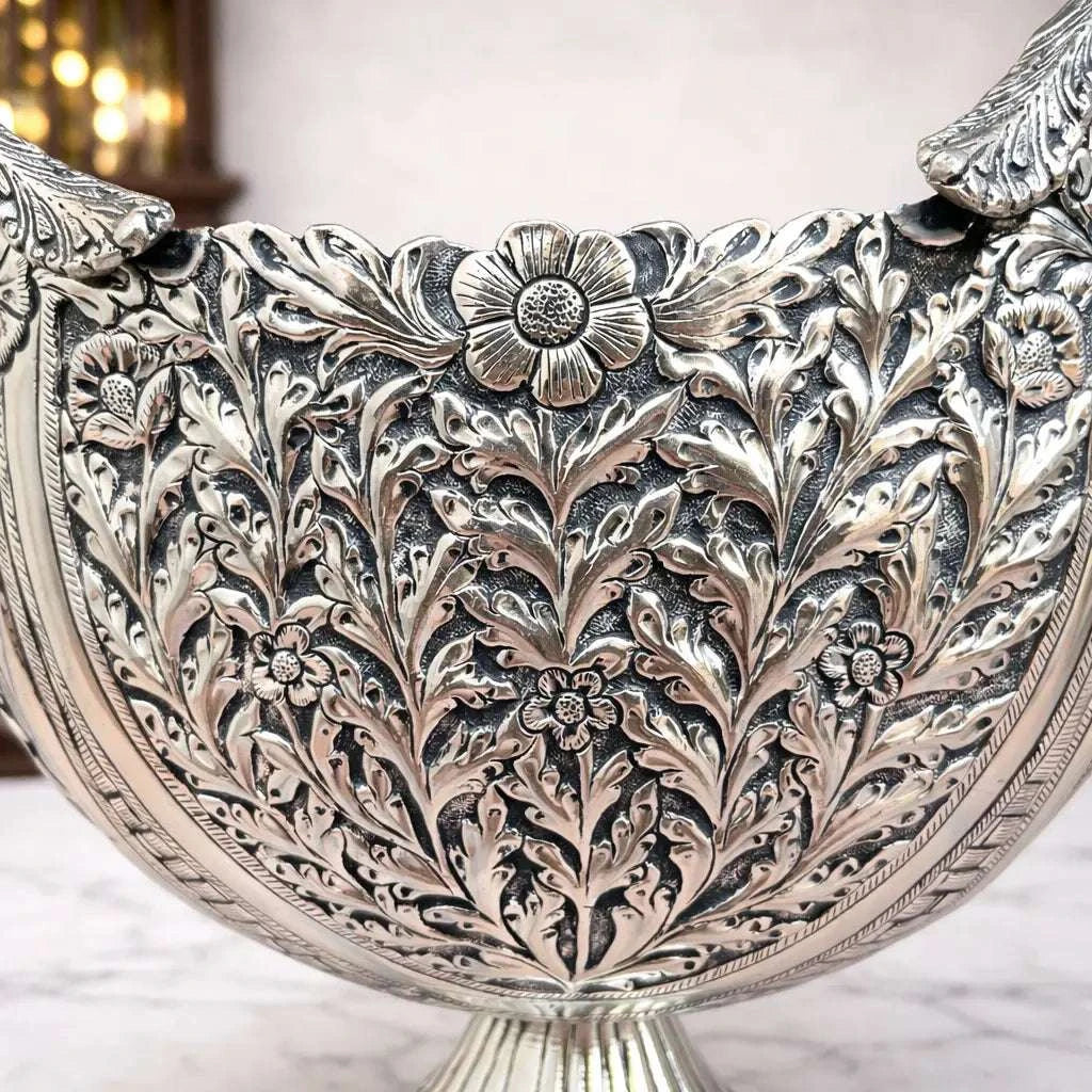 Brass Silver Plated Decorative Basket with Peacock Design (10 Inch)