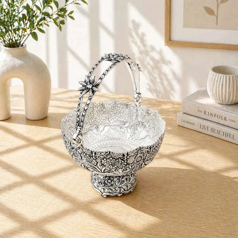 Brass Silver Plated Krishna With Cow Design Basket with Handle (5.5 Inch)