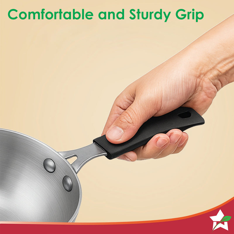 Wonderchef Venice Tri-ply Stainless-steel Mini Wok Tadka Pan | 650 ml, 14 cm | Cool-touch Silicone Handle | Warp-resista