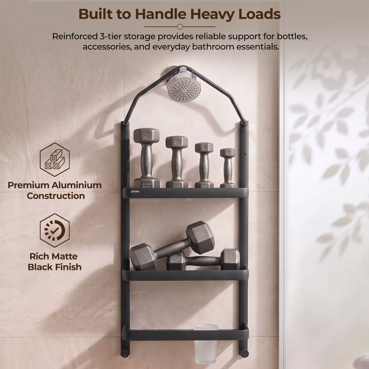 Plantex Stainless Steel Shower Rack/Self Adhesive Shower Caddy for Bathroom Hanging/3 Layer Shower Shelf for Bathroom with Soap Dish Holder,Toothbrush Holder (1520, Black)-6