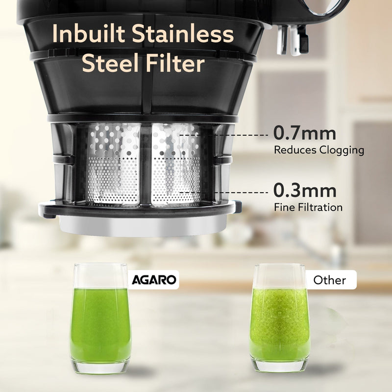 AGARO Regal Cold Press Slow Juicer, 250 Watt DC Motor, Easy Assembly & Cleaning, Auto Reverse, Advanced Safety Lock, Fru