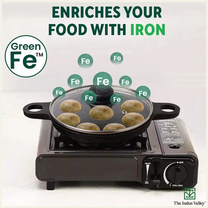 9 Pit/Cup CASTrong Cast Iron Paniyaram/Appe Pan+ Glass Lid, Pre-seasoned, Natural Nonstick, 100% Pure, Toxin-free, 21 cm, 2.7 kg