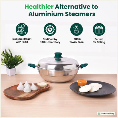 14 Pit Tri-Steel Multi Pot Premium Stainless Steel Idli/ Momo Maker/  Veg Steaming Set, Tri-ply Induction Bottom, 2 Plates, 27cm