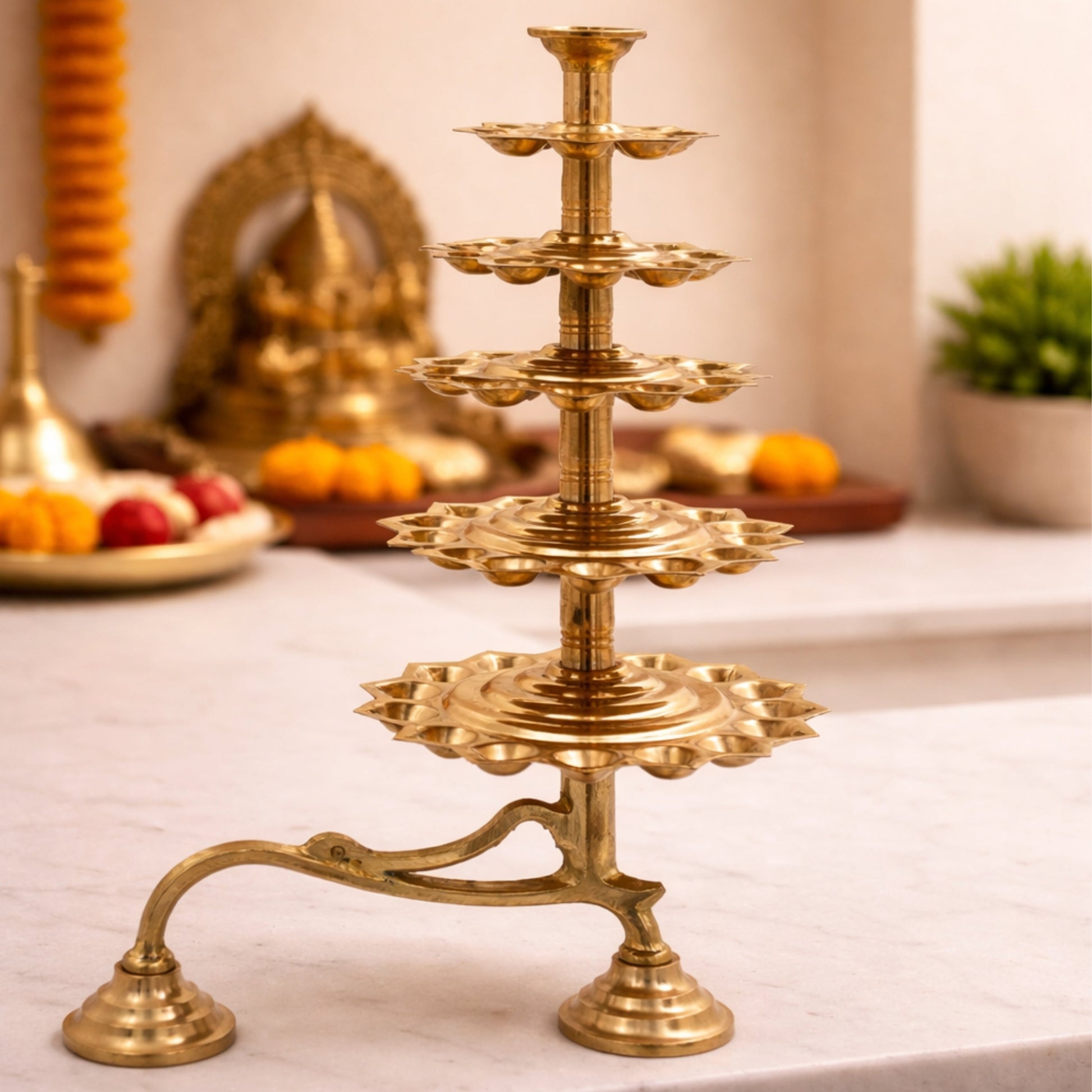 Brass 5 Layer Aarti Lamp Panch Aarti Deepam Panchmukhi Panchadeepam 5 Jyot Pancharti Diya Traditional Peetal 5 Step Aarti Lamp Temple Pooja Deepam 5 Wick Brass Aarti Lamp for Home Mandir Temple Rituals, Gold, 14 Inch, 1 Piece