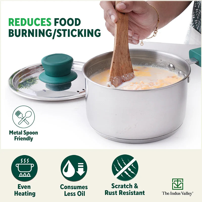 Tri-Steel Stainless Steel Tea/Milk Pan+ Lid, Premium Quality, Tri-ply (3 Layer) Bottom, Soft-touch Handle, 100% Toxin-free, Non-stick, Induction & Gas, 1/1.4 L, 14/16 cm