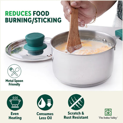 Tri-Steel Stainless Steel Tea/Milk Pan+ Lid, Premium Quality, Tri-ply (3 Layer) Bottom, Soft-touch Handle, 100% Toxin-free, Non-stick, Induction & Gas, 1/1.4 L, 14/16 cm