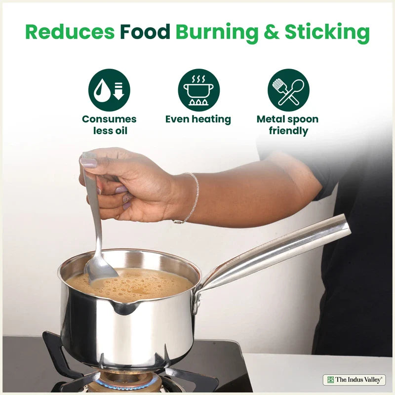 100% Premium Quality Tri-Steel Stainless Steel Tea/Milk Pan/Saucepan, 3 Layer Thick Bottom, Non-stick,  Induction & Gas, 1.3L