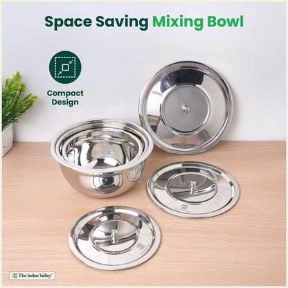 100% Toxin-free Premium Quality  Tri-Steel Stainless Steel Mixing Bowl Set with Lids – 3 Pieces, Food-Safety, Ideal for Mixing, Marinating & Storage (0.7L/1.0L/1.3L)