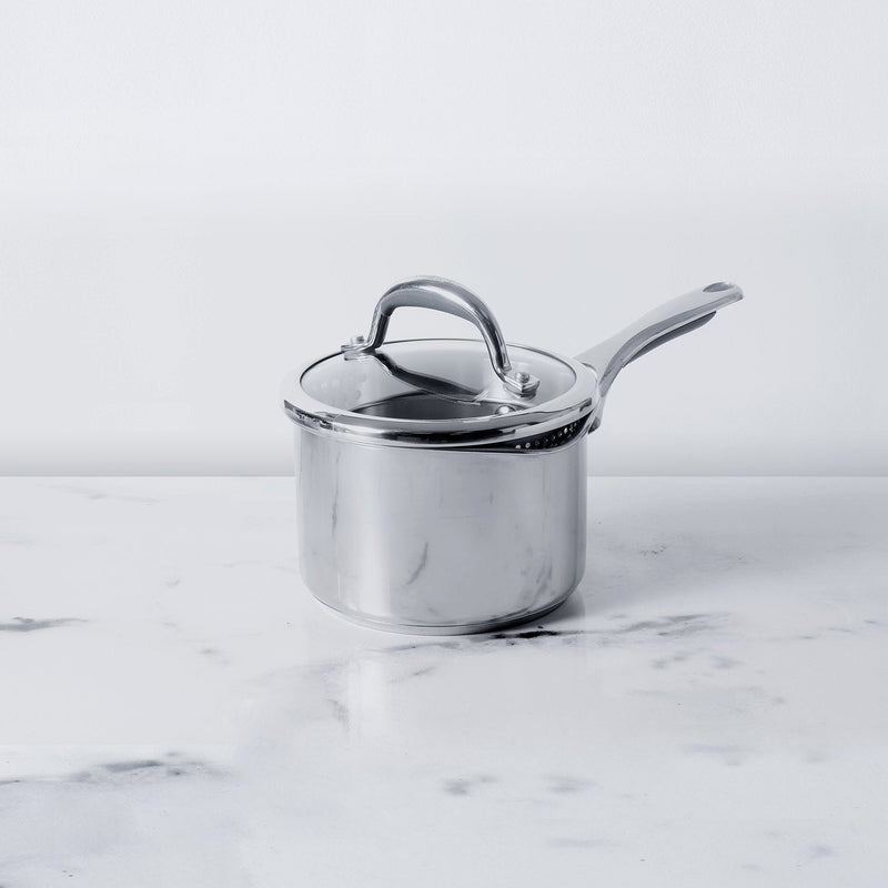 Meyer Select Stainless Steel Straining Saucepan 16cm (Induction & Gas Compatible)