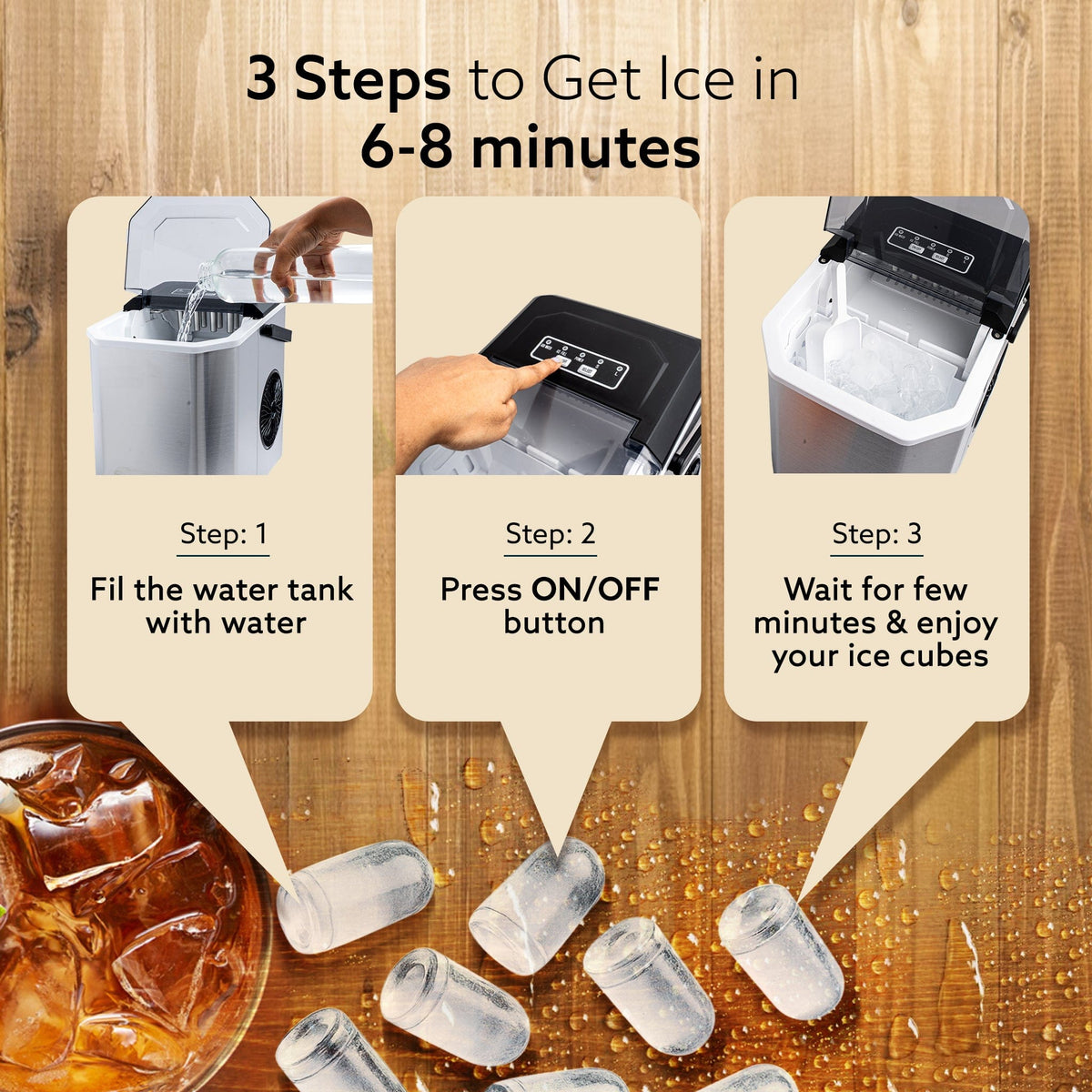 AGARO Regal Ice Maker, Compact Ice Maker, 1.2L water Tank, 9 Pcs bullet Ice Cube at a time, Stainless Steel Body