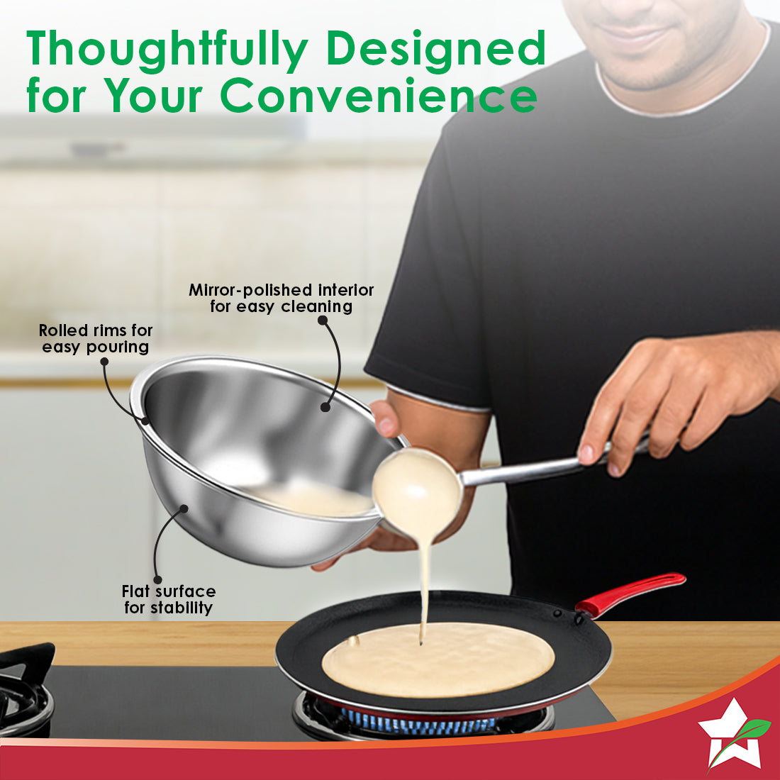 Wonderchef Ambrosia Stainless-steel Mixing Bowl (3 Pcs.) | 17 cm (775ml), 20 cm (1.35 L), 24 cm (2.4 L) | Stackable, Foo