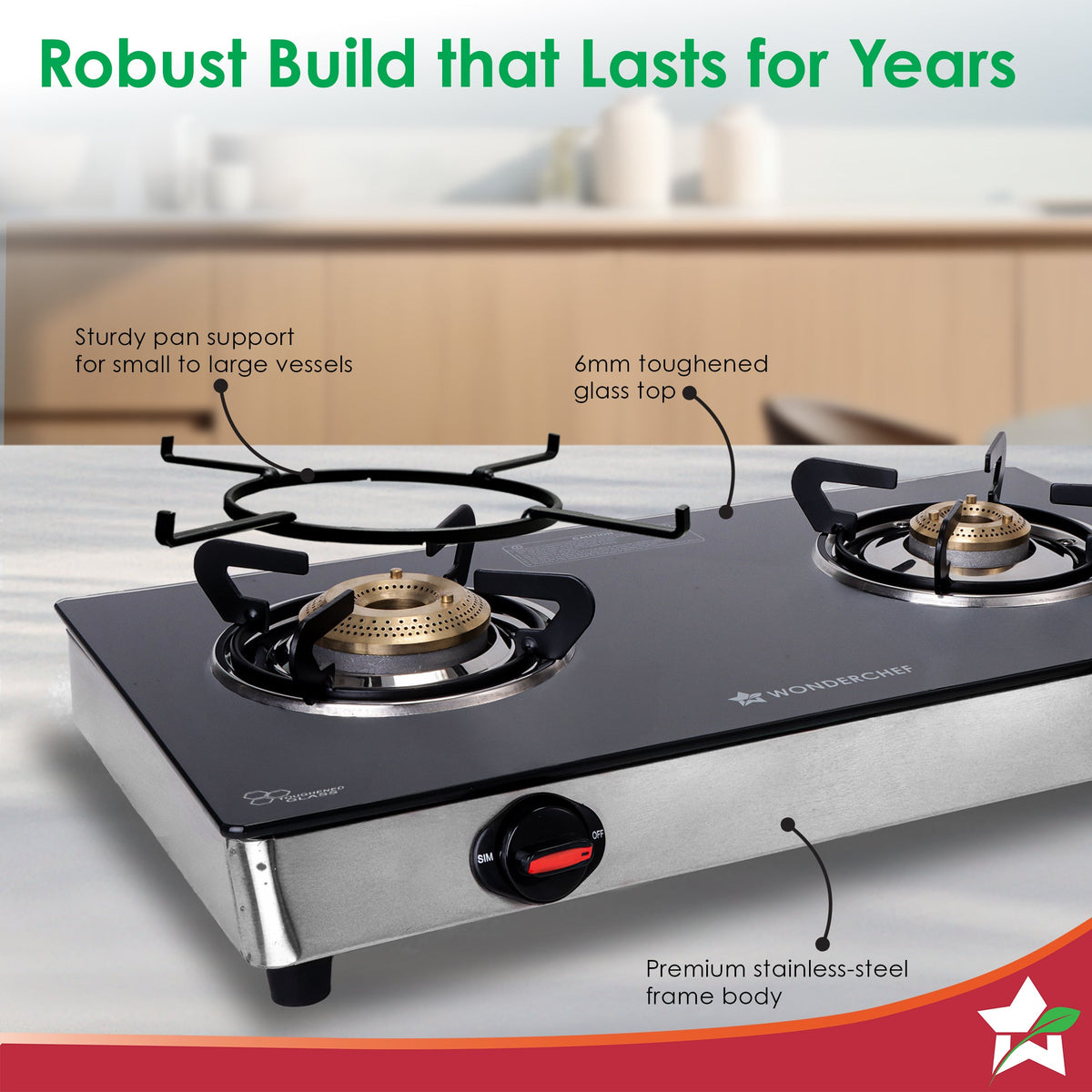 Wonderchef Regal 2 Brass Burner Gas Stove, LPG Gas Stove for Kitchen, ISI Toughened Glass Surface, SS Frame, Spill-proof