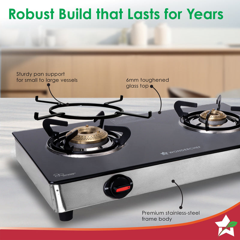 Wonderchef Regal 2 Brass Burner Gas Stove, LPG Gas Stove for Kitchen, ISI Toughened Glass Surface, SS Frame, Spill-proof