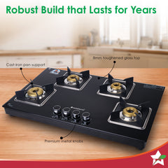 Wonderchef Octavia 4 Burner Glass Hob Top Auto Cooktop | 8mm Toughened Glass | Auto Ignition | Forged Brass Burners | St