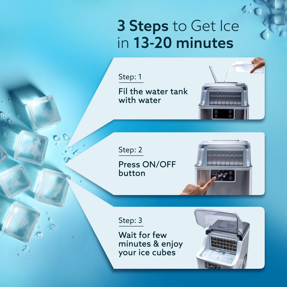 AGARO Galaxy Ice Maker, Compact Ice Maker, 3.2L water Tank, Cube ice, Stainless Steel Body
