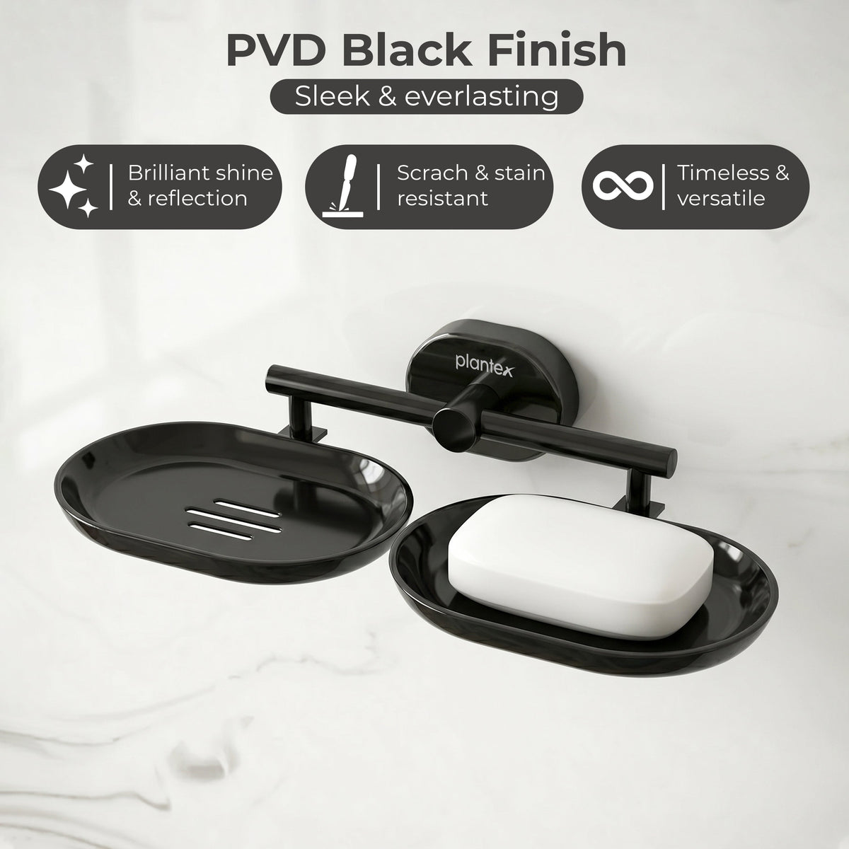 Plantex J4 Stainless Steel Double Soap Dish for Bathroom/Soap Holder for Bathroom/Wall Mounted Soap Holder/Bathroom Accessories (PVD Black Finish) Onix-4