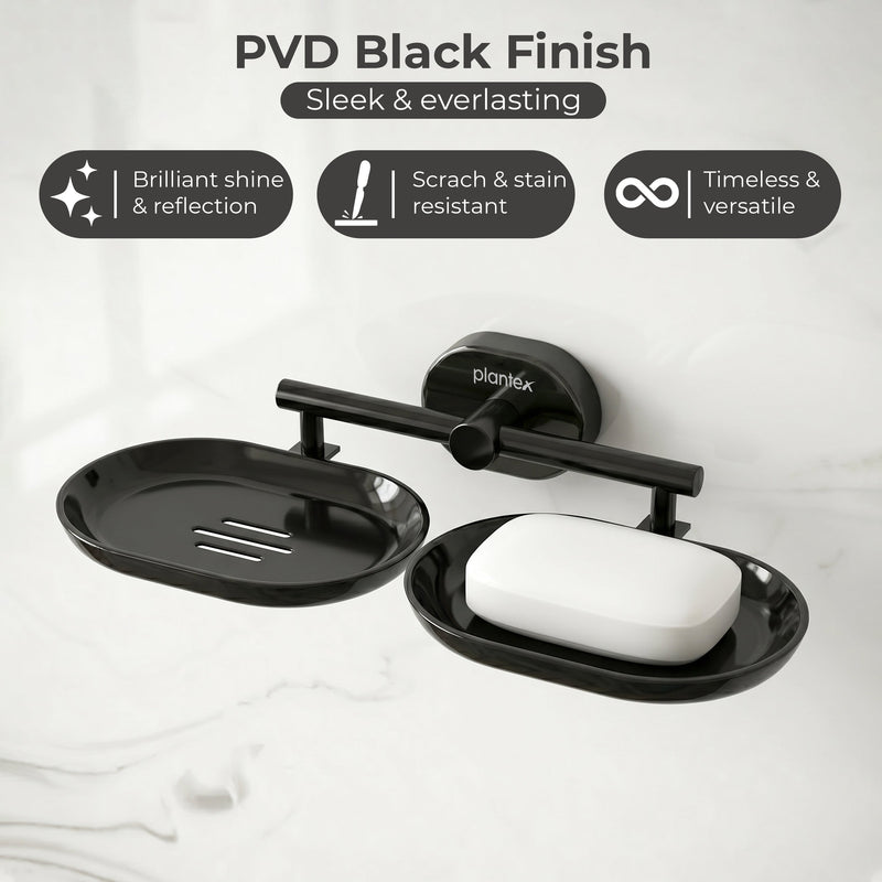 Plantex J4 Stainless Steel Double Soap Dish for Bathroom/Soap Holder for Bathroom/Wall Mounted Soap Holder/Bathroom Accessories (PVD Black Finish) Onix-4