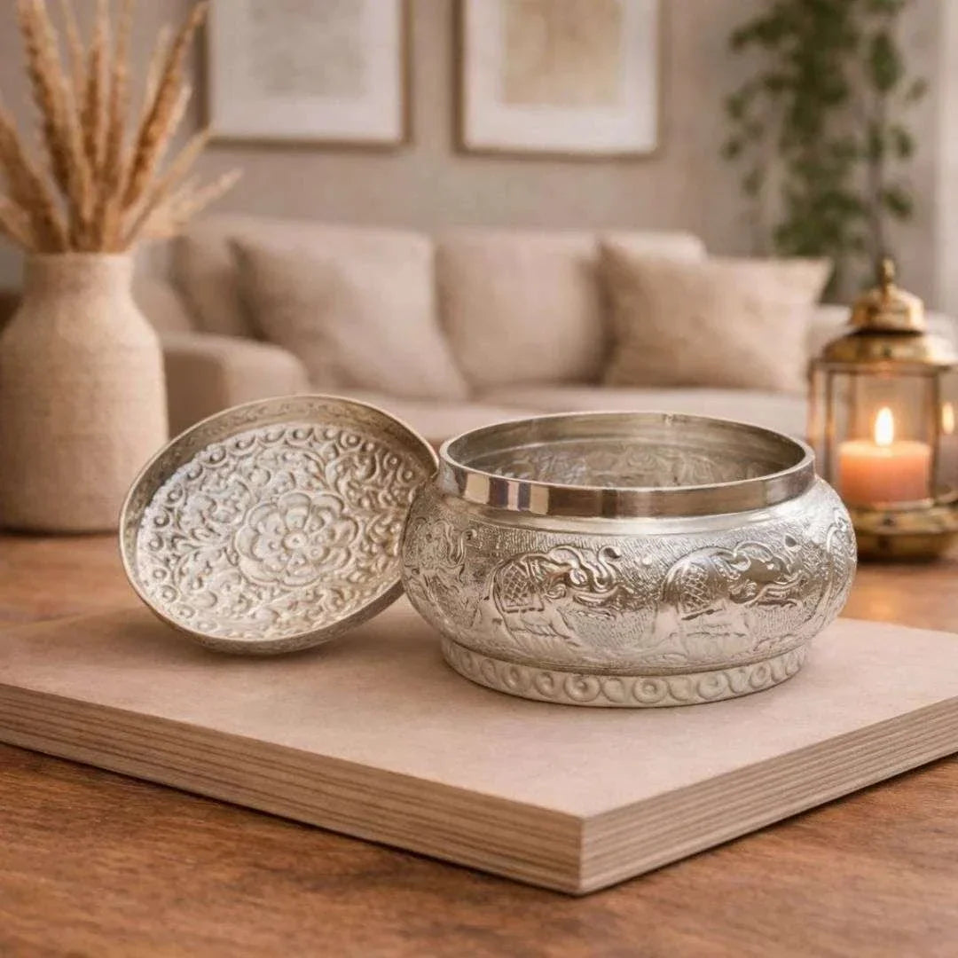 German Silver Storage Container/Supari Box With Lid (3.5 Inch)
