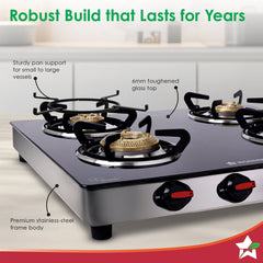 Wonderchef Regal 4 Brass Burner Gas Stove, LPG Gas Stove for Kitchen, ISI Toughened Glass Surface, SS Frame, Spill-proof