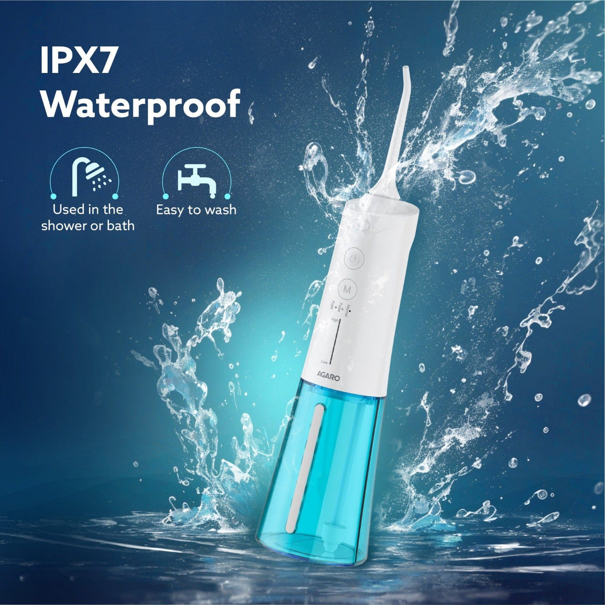 AGARO Galaxy Oral Irrigator, Portable, Cordless, Rechargeable, 3 Cleaning Modes, 6 Pressure Levels in Each Mode, IPX7 Waterproof, 230ml Water tank, Flossing at Home & Travel, White & Blue-5