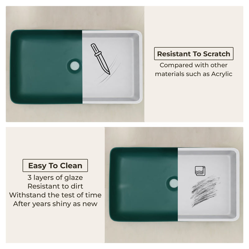Plantex Ceramic Basin/Tabletop Wash Basin for Bathroom/Rectangle Over Counter Vessel Sink for Restaurant/Hotel (Matt Green, 24 x 14 x 4.5 Inch)-6