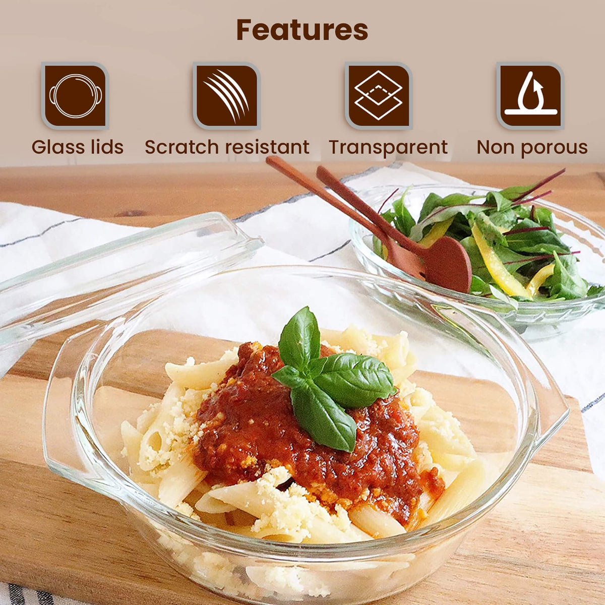 AGARO Elite Borosilicate Glass Casserole with Lid, Set of 2, 700ml & 1000 ml, Serving Bowl, Kitchen, Oven & Microwave, Dishwasher and Freezer Safe, Scratch Resistant, Transparent.-5