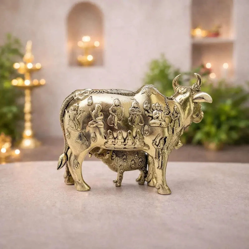 Brass Lightweight Kamdhenu Cow With Calf Idol (4 Inch)