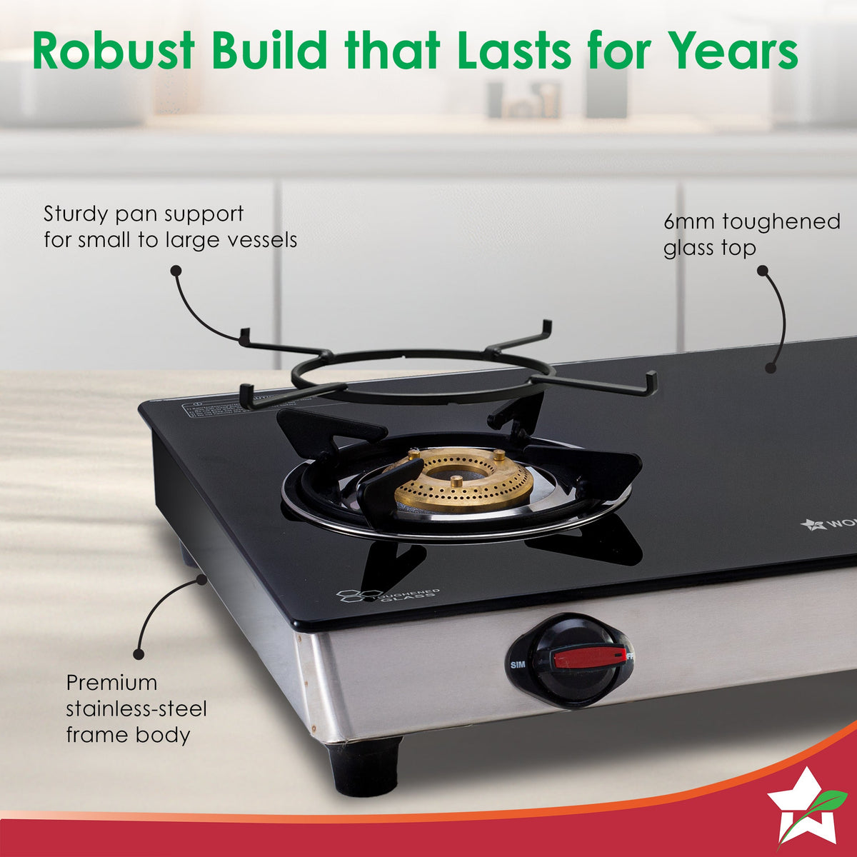 Wonderchef Galaxy 2 Burner Auto Gas Stove | 6mm Toughened Glass | Piezo Auto Ignition | 2 Years Warranty