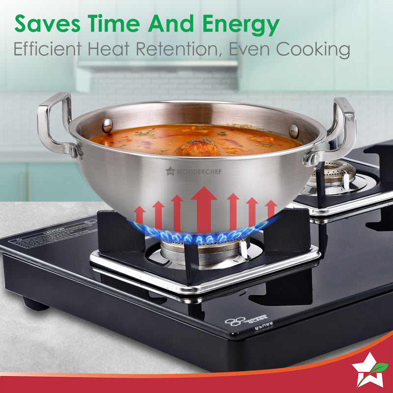 Wonderchef Stella Triply Stainless Steel Cookware Set | 3 Pcs. | Fry Pan 22 cm, Kadhai 22 cm + Lid | For Gas Stove, Indu