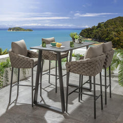 Azura Outdoor Patio Bar Set 4 Chairs and 1 Table Set (Beige) Braided & Rope