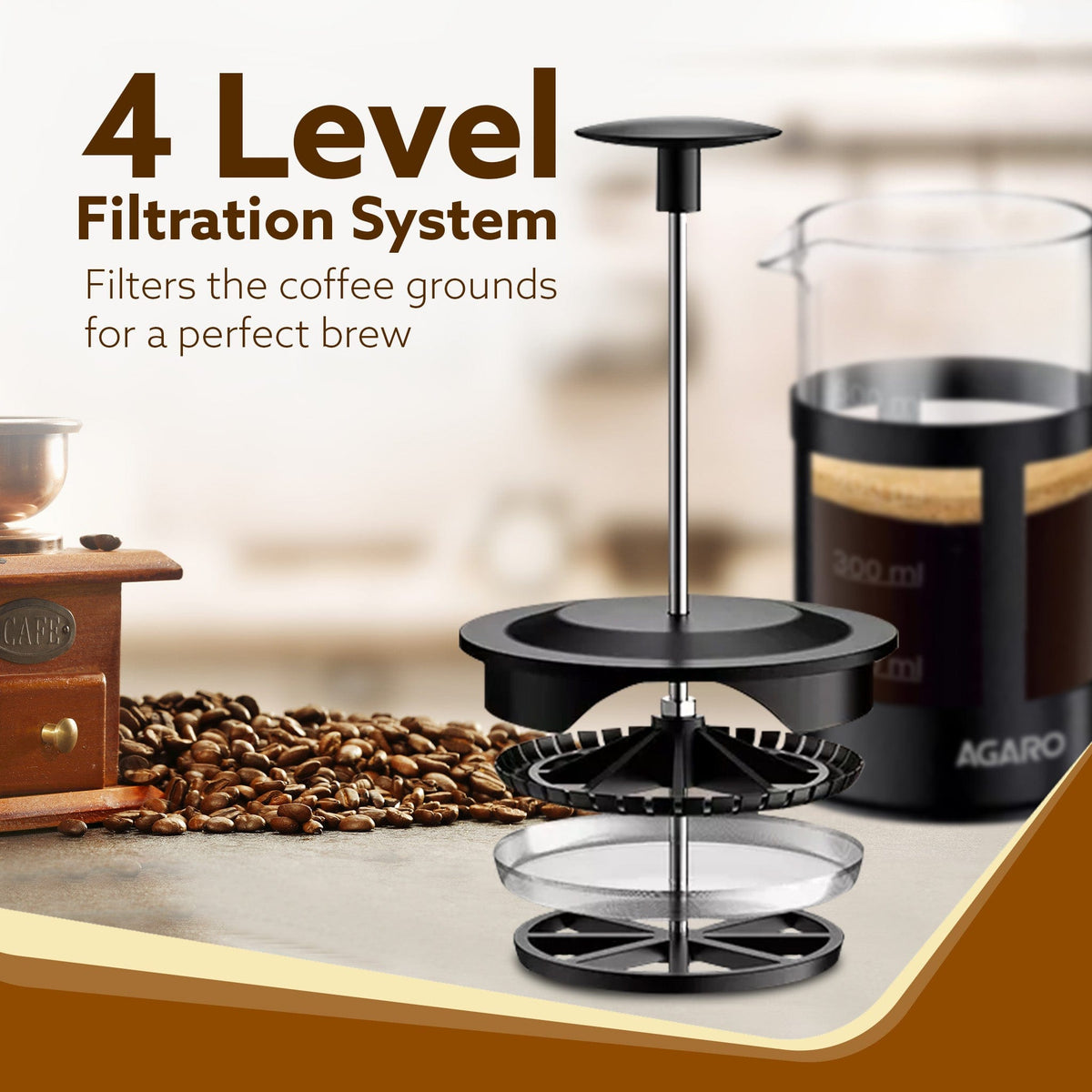 AGARO Delite French Press Coffee And Tea Maker, Borosilicate Glass Body With Sleeves, Glass Carafe, BPA Free Plastic Lid
