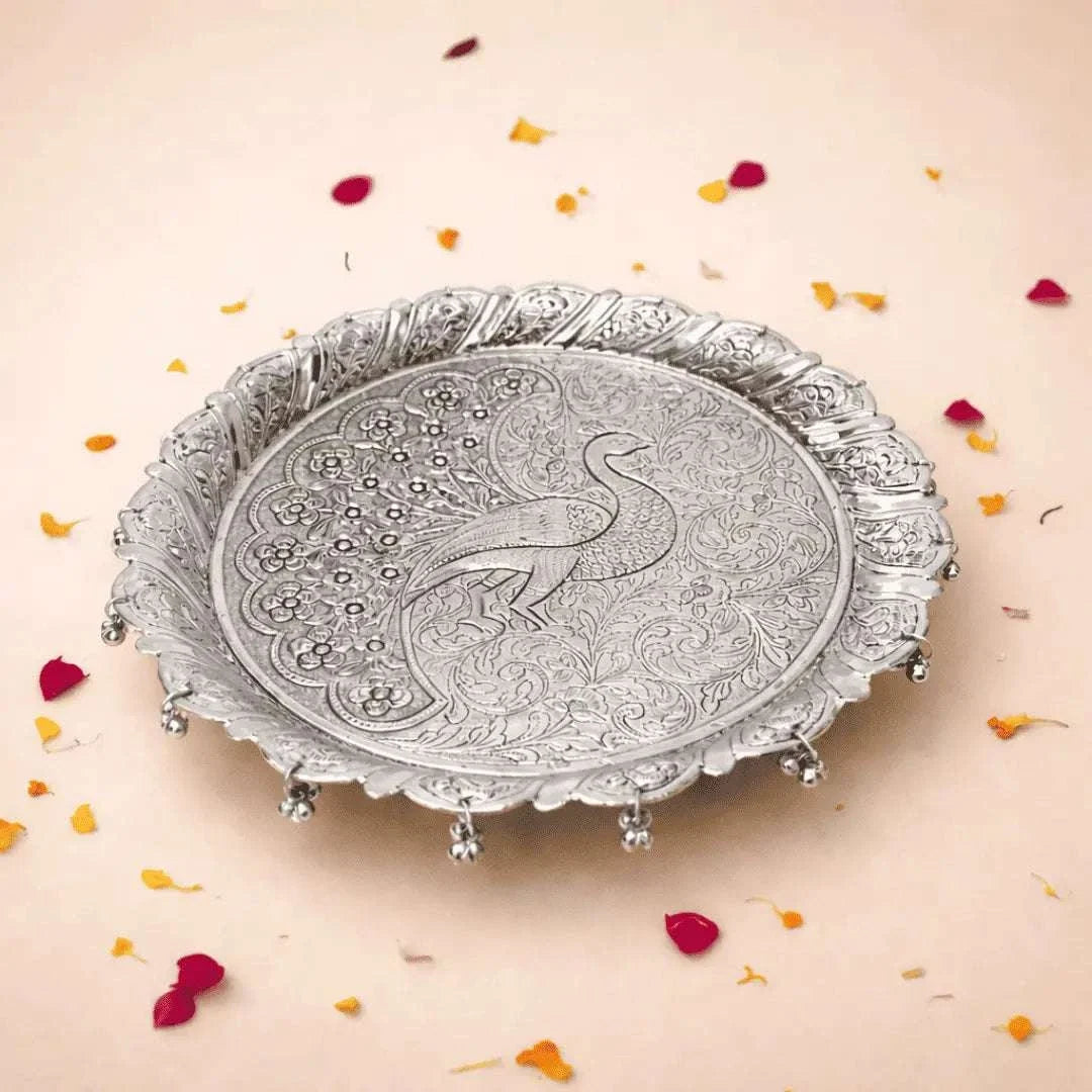 German Silver Pooja Thali With Ghungroo (11 inch)