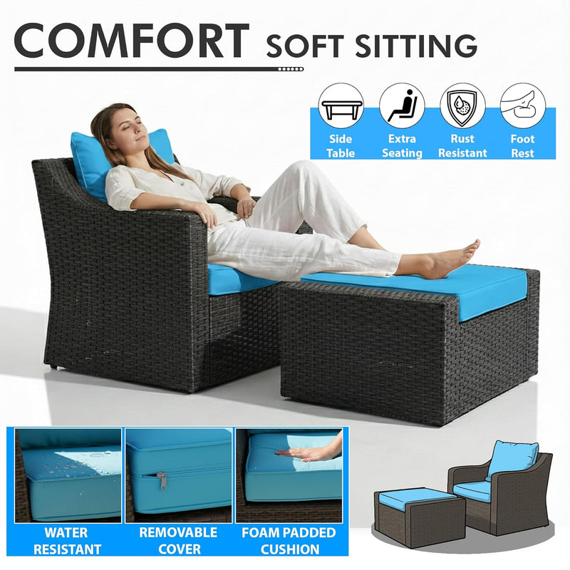 Alfonso Outdoor Patio Sofa Set 2 Single Seater , 2 ottoman and 1 Center Table Set (Black + Blue)