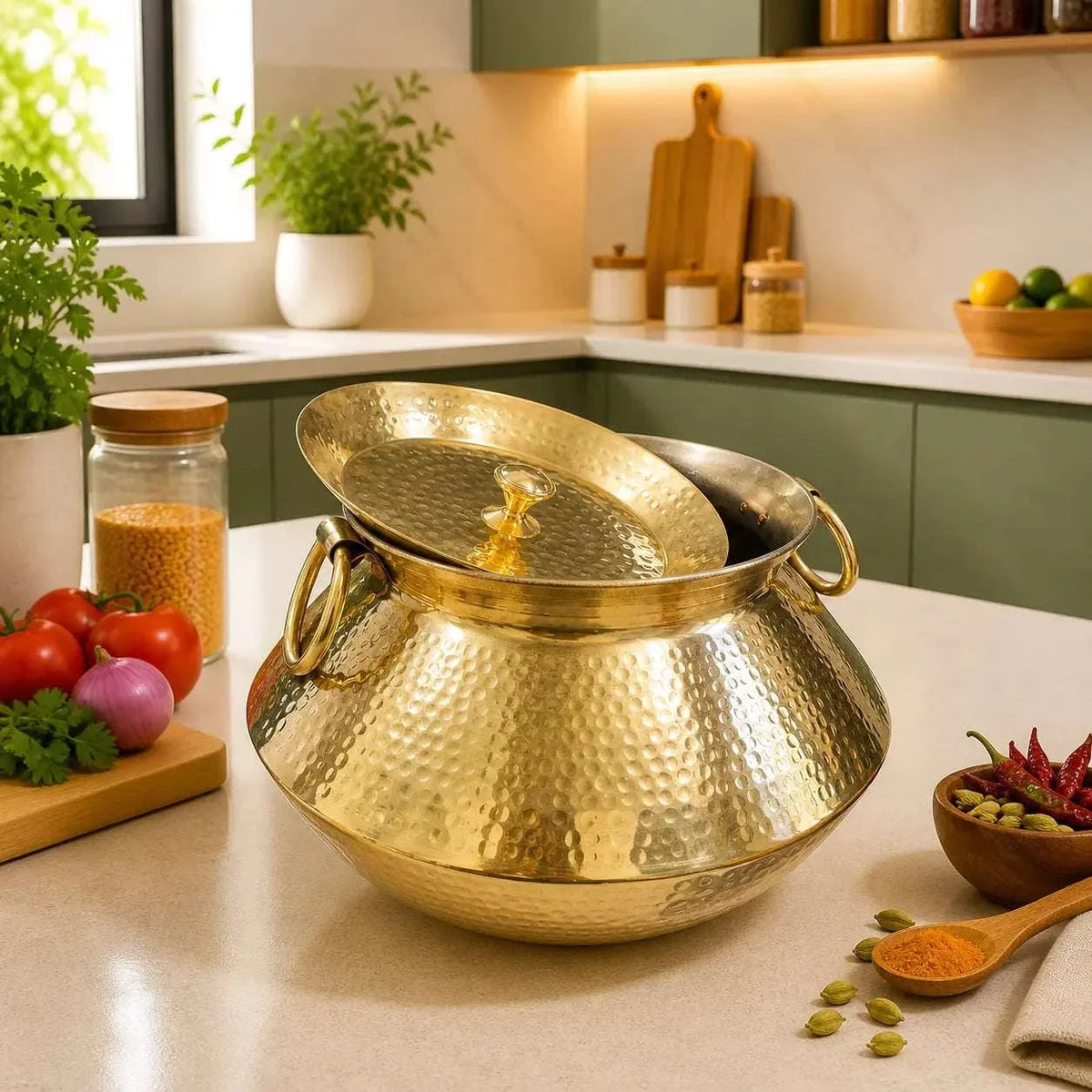 Brass Hammered Vintage Handi / Degchi with Lid (6.5 Inch)