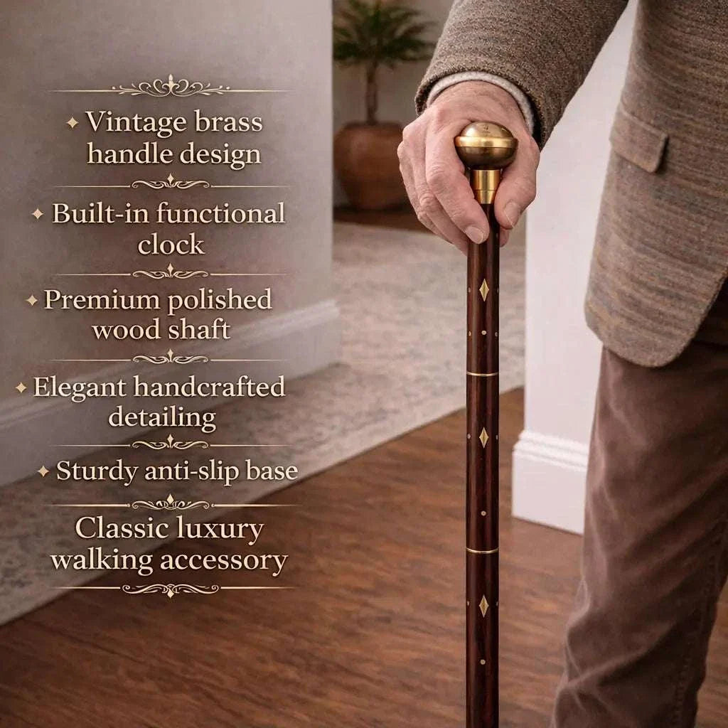 Brass Antique Wooden Walking Stick With Clock/Watch (35.5 Inch)