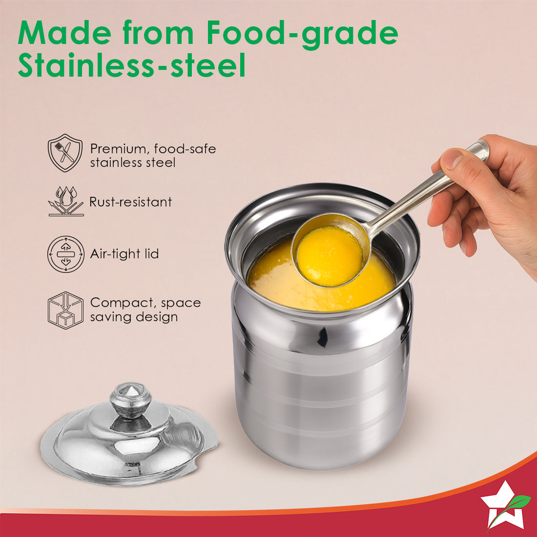 Wonderchef Ambrosia Premium Stainless-steel Ghee Pot with Spoon & Lid, 500 ml, Tight SS Lid, Rust-resistant & Durable Ma