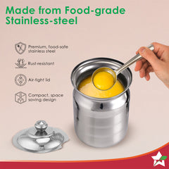 Wonderchef Ambrosia Premium Stainless-steel Ghee Pot with Spoon & Lid, 500 ml, Tight SS Lid, Rust-resistant & Durable Ma