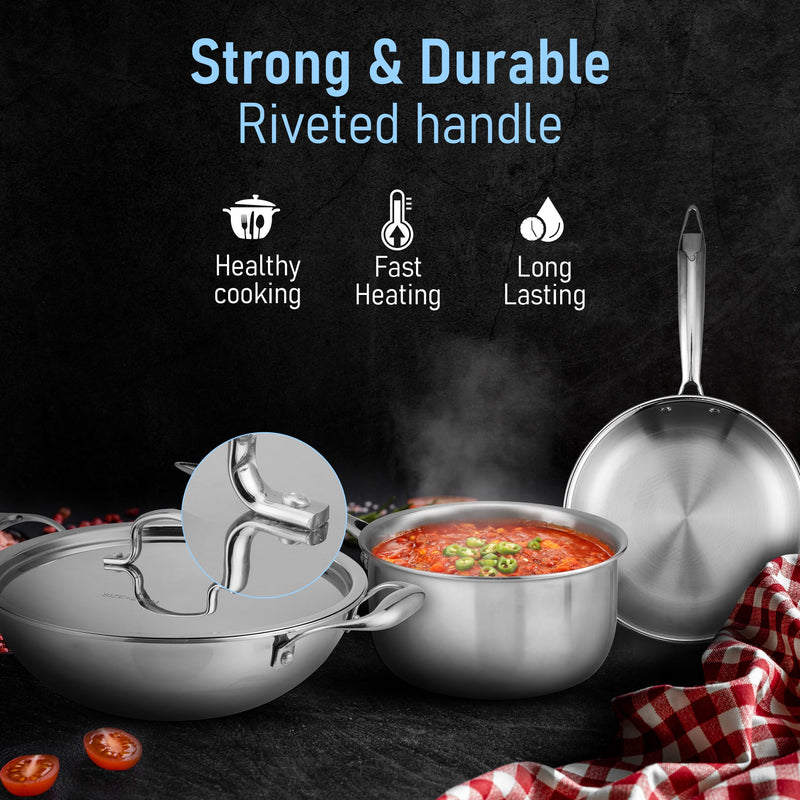 AGARO Regency Triply Cookware Set of 3, 24 cm Kadai with Stainless Steel Lid, 22 cm Frying Pan & 16 cm Saucepan-5