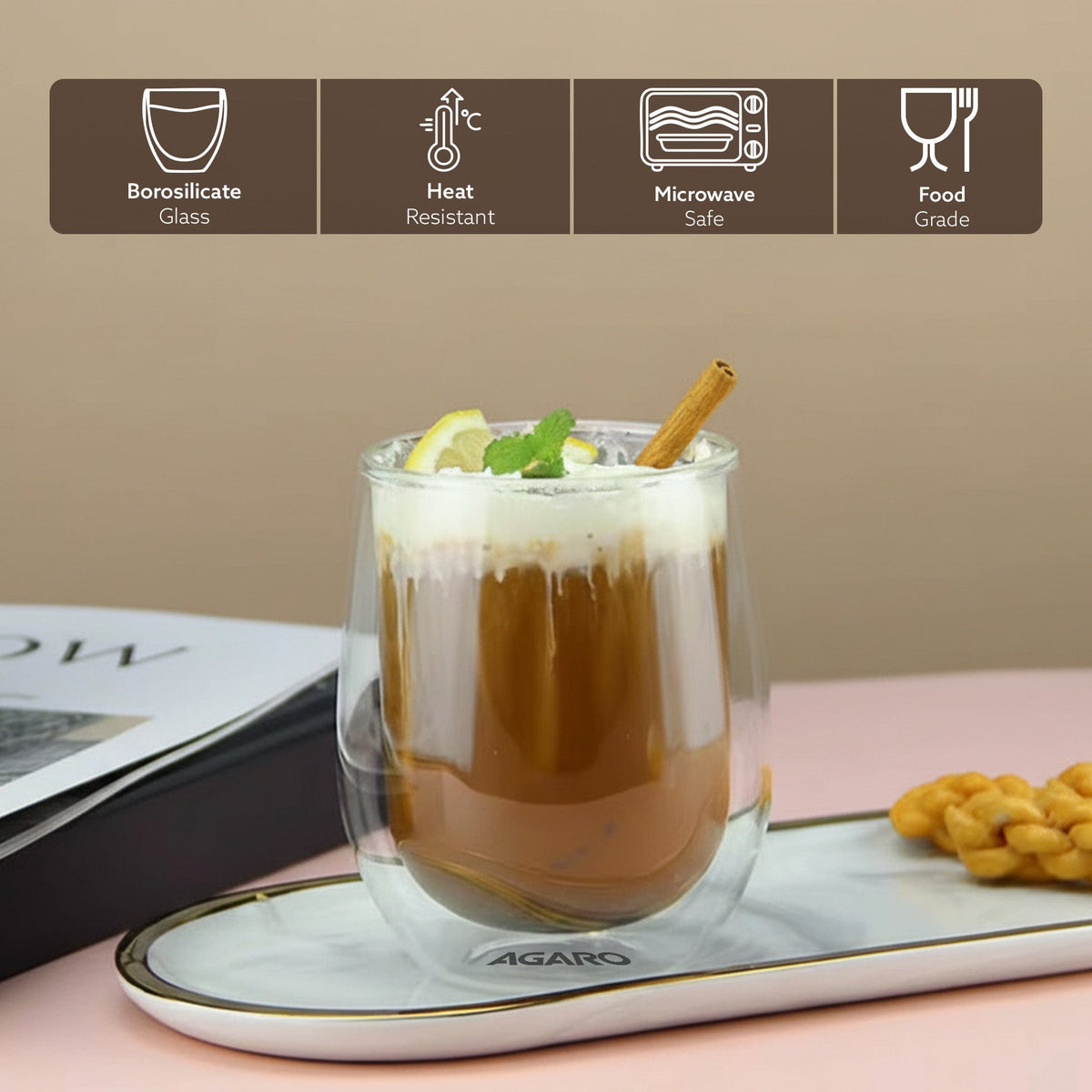 AGARO Elite Double Wall Glass 300ml, Pack of 2 | Premium Borosilicate, Heat Resistant, Microwave & Dishwasher Safe, Idea