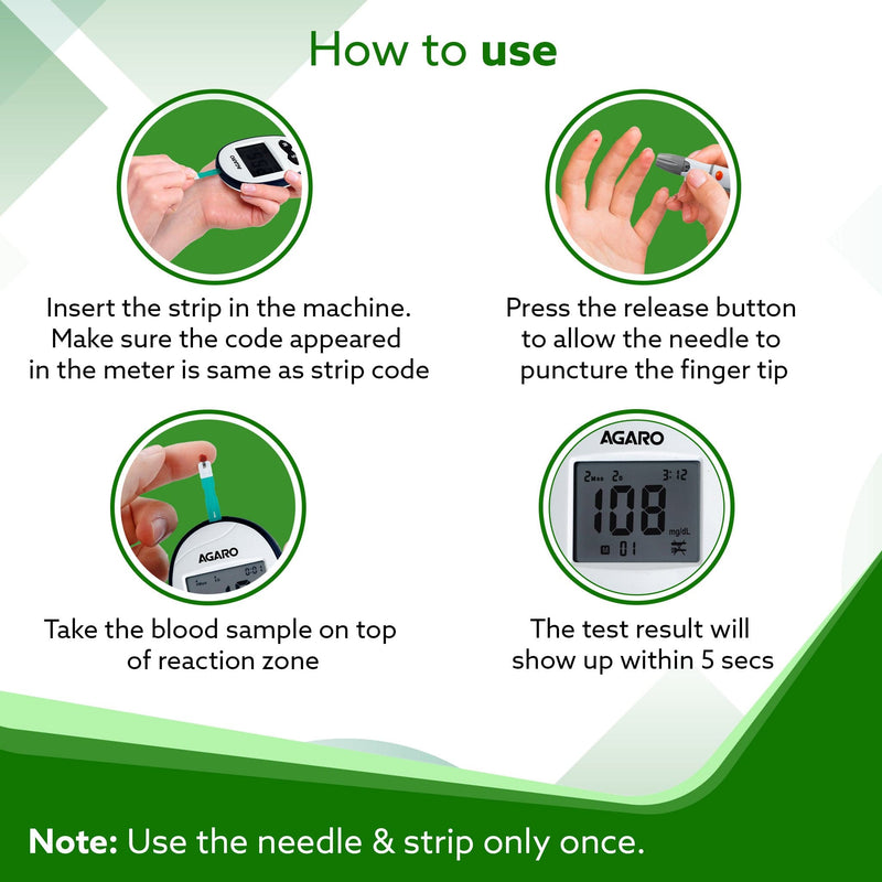 AGARO Blood Glucose Test Strips & Lancets, 50pcs each, Instant Blood Sugar Test at Home, Glucometer Machine, Blood Glucose Monitoring Device, Fast Blood Sugar Testing, Simple & Accurate, GLS-76-5