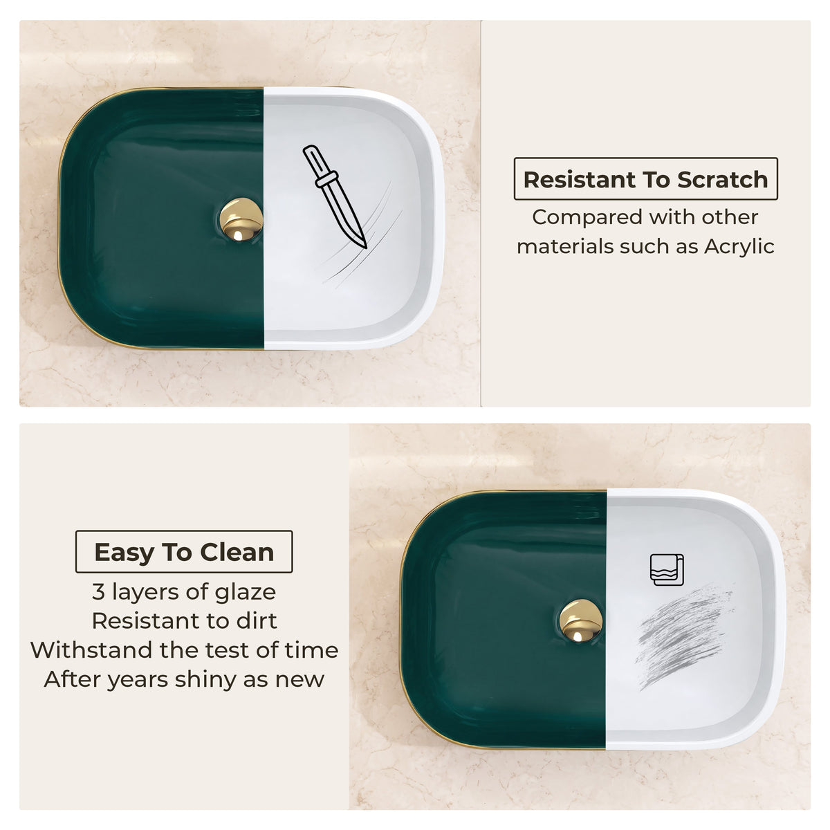 Plantex Wash Basin/Ceramic Table Top Wash Basin/Countertop Basin for Bathroom/Restaurants/Hotel Rectangular Green & Gold - 20 x 14 x 6 Inch)-6