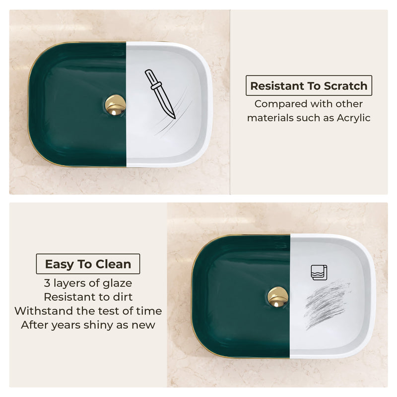 Plantex Wash Basin/Ceramic Table Top Wash Basin/Countertop Basin for Bathroom/Restaurants/Hotel Rectangular Green & Gold - 20 x 14 x 6 Inch)-6