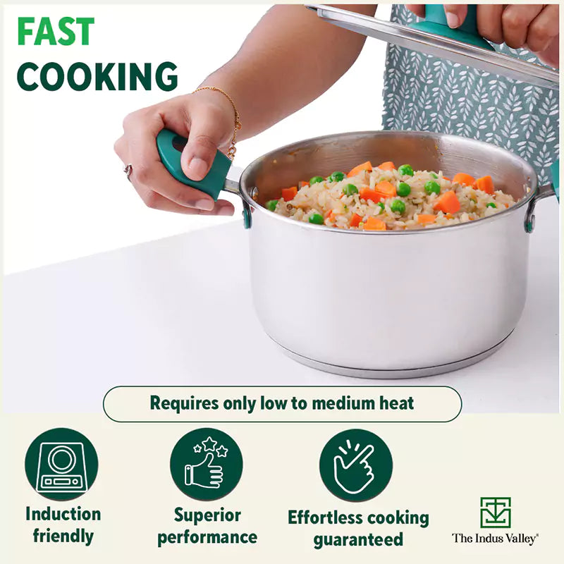 Tri-Steel Stainless Steel Biryani Pot+ Lid, Premium Quality, Tri-ply (3 Layer) Bottom, Soft-touch Handles, 100% Toxin-free, Non-stick, Induction & Gas, 1.5/2.3L, 16/18cm