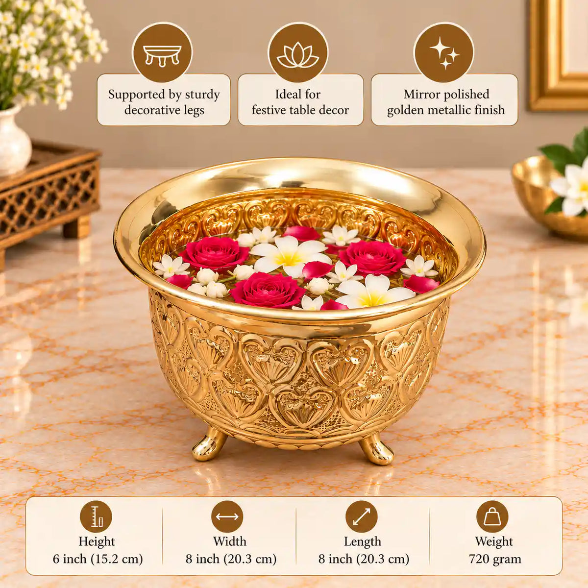Brass Multipurpose Decorative Bowl with Legs (6 Inch)