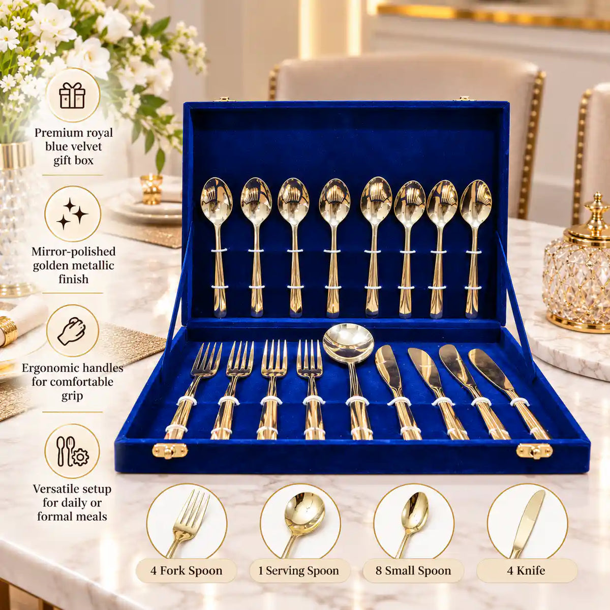 Brass Cutlery Flatware Set With Velvet Gift Box
