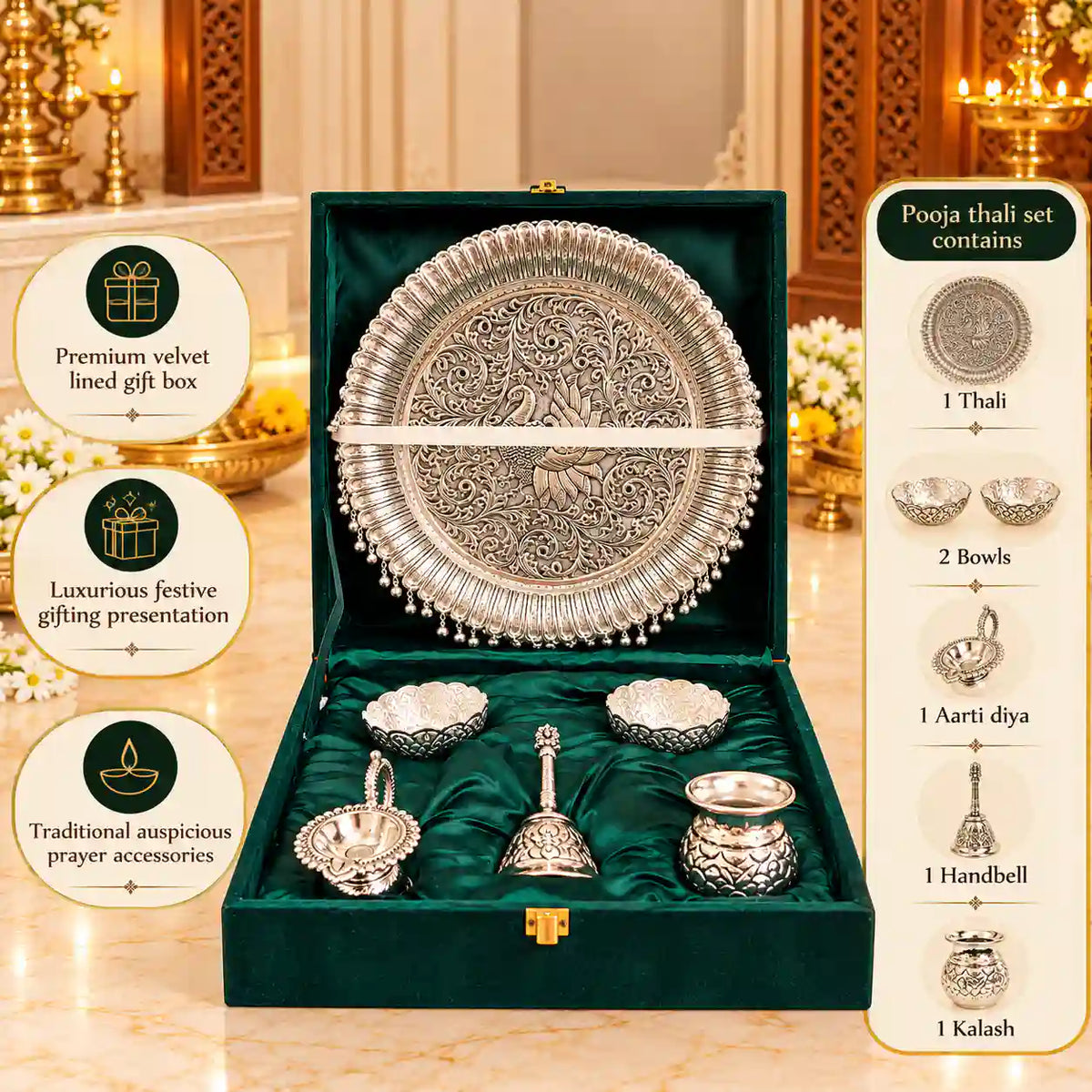 Brass Silver Plated Pooja Thali Set With Velvet Box (1.9 kg)