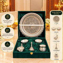Brass Silver Plated Pooja Thali Set With Velvet Box (1.9 kg)