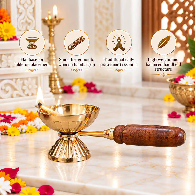Brass Aarti Diya with Wooden Handle