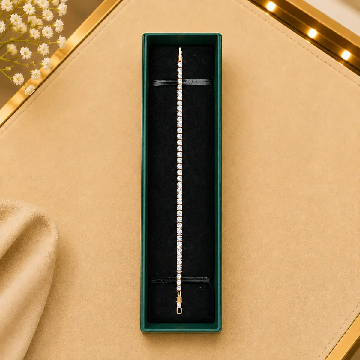 Thin Linear CZ Tennis Bracelet for Women | Gold-Tone Clasp, Gift Box