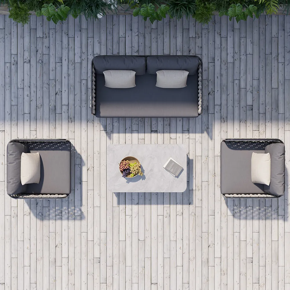 Fepel Outdoor Garden Balcony Sofa Set 2 Seater, 2 Single seater and 1 Center Table Set, Braid & Rope (Grey)